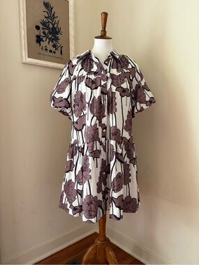 NWT Floral Button-Front Tiered Dress in White and Mauve/Brown